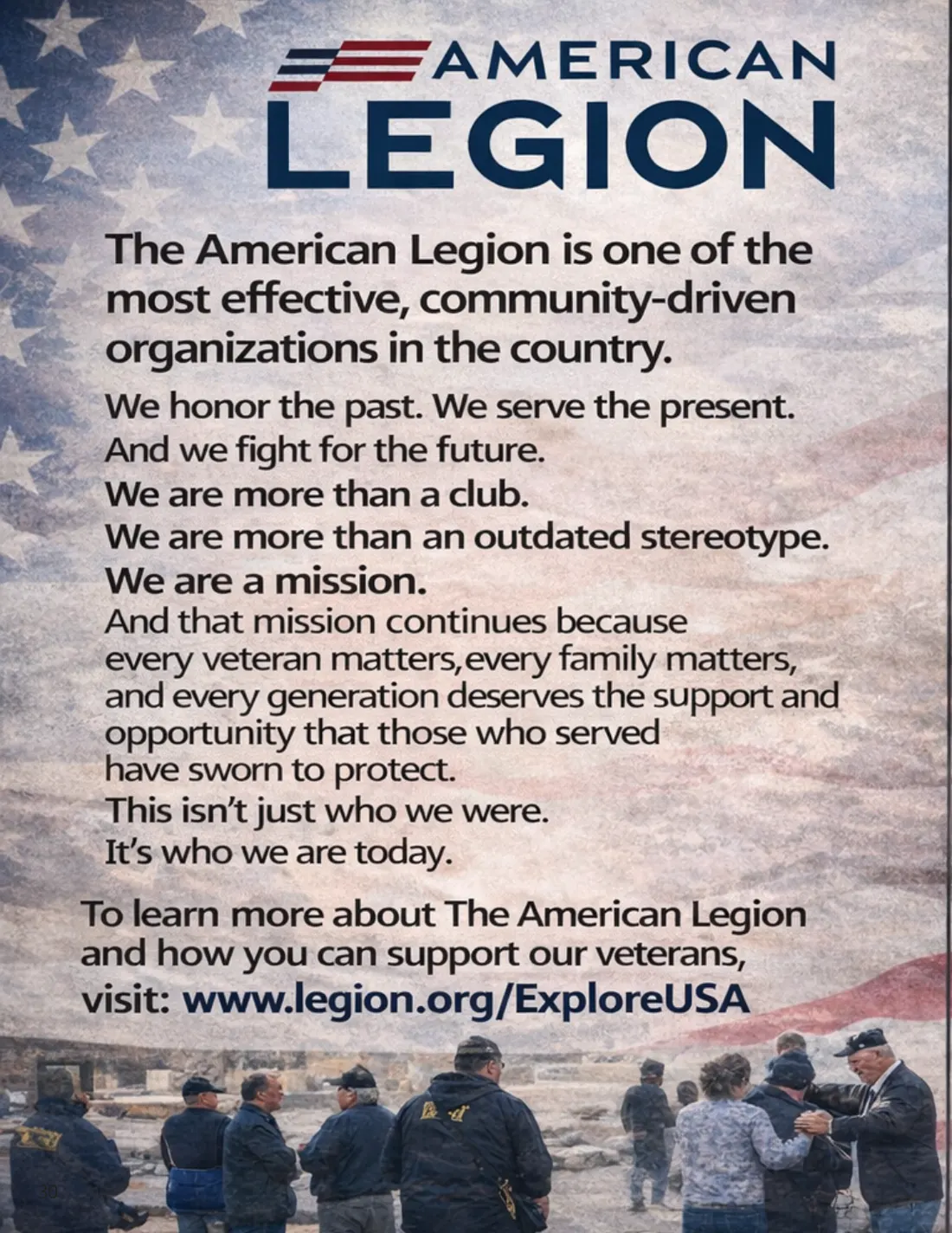 The American Legion ad: We honor the past. We serve the present. We are a mission. Visit legion.org/ExploreUSA.