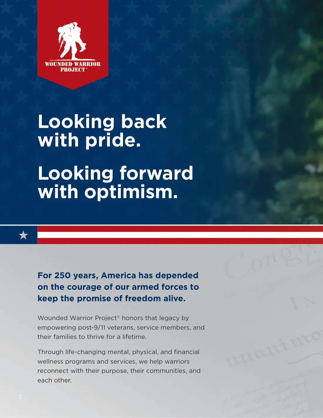 Wounded Warrior Project ad: Looking back with pride, looking forward with optimism, with a veteran holding an American flag.
