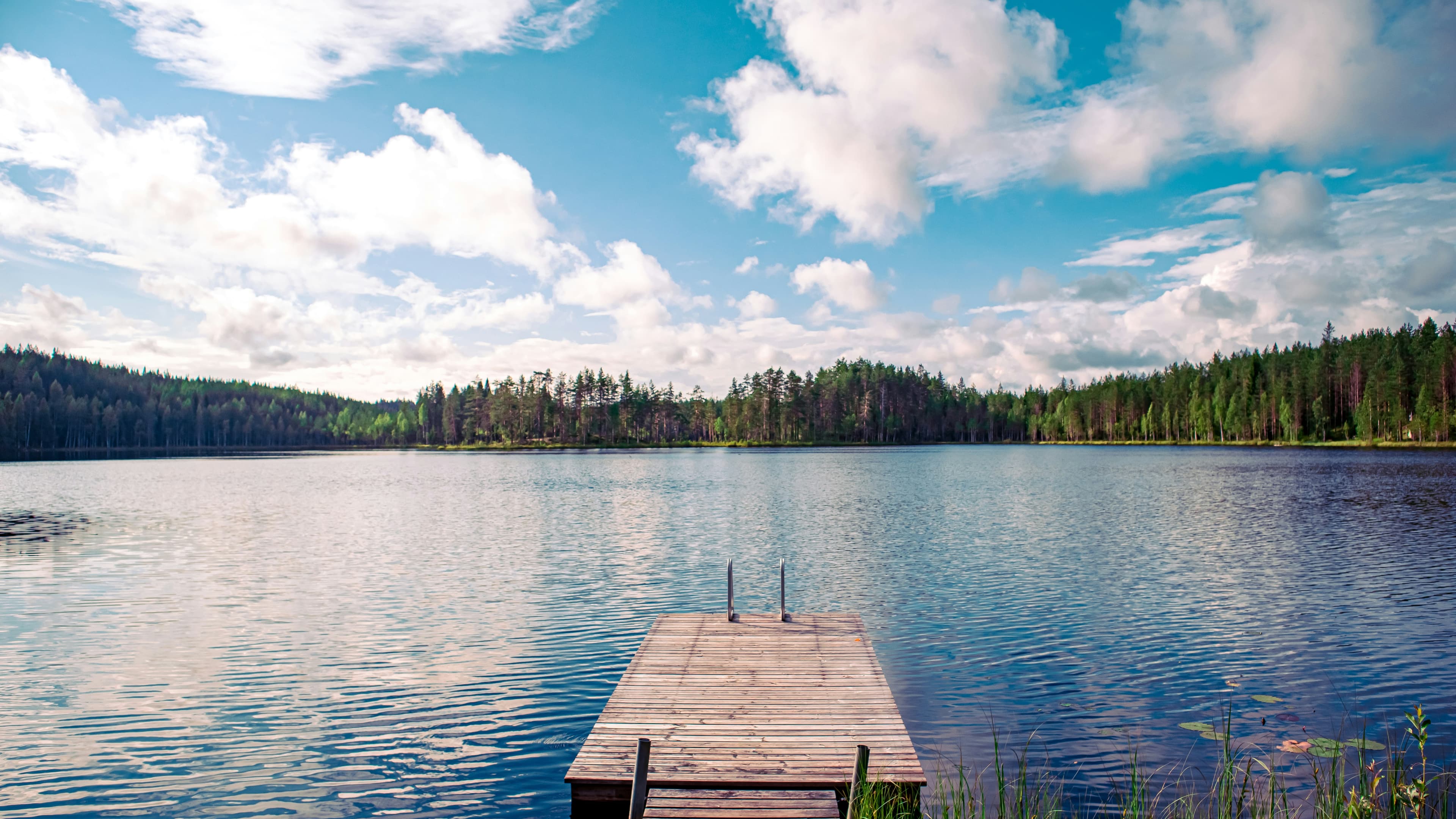 A weathered wooden dock stretches into a calm, tree-lined lake under a bright daytime sky