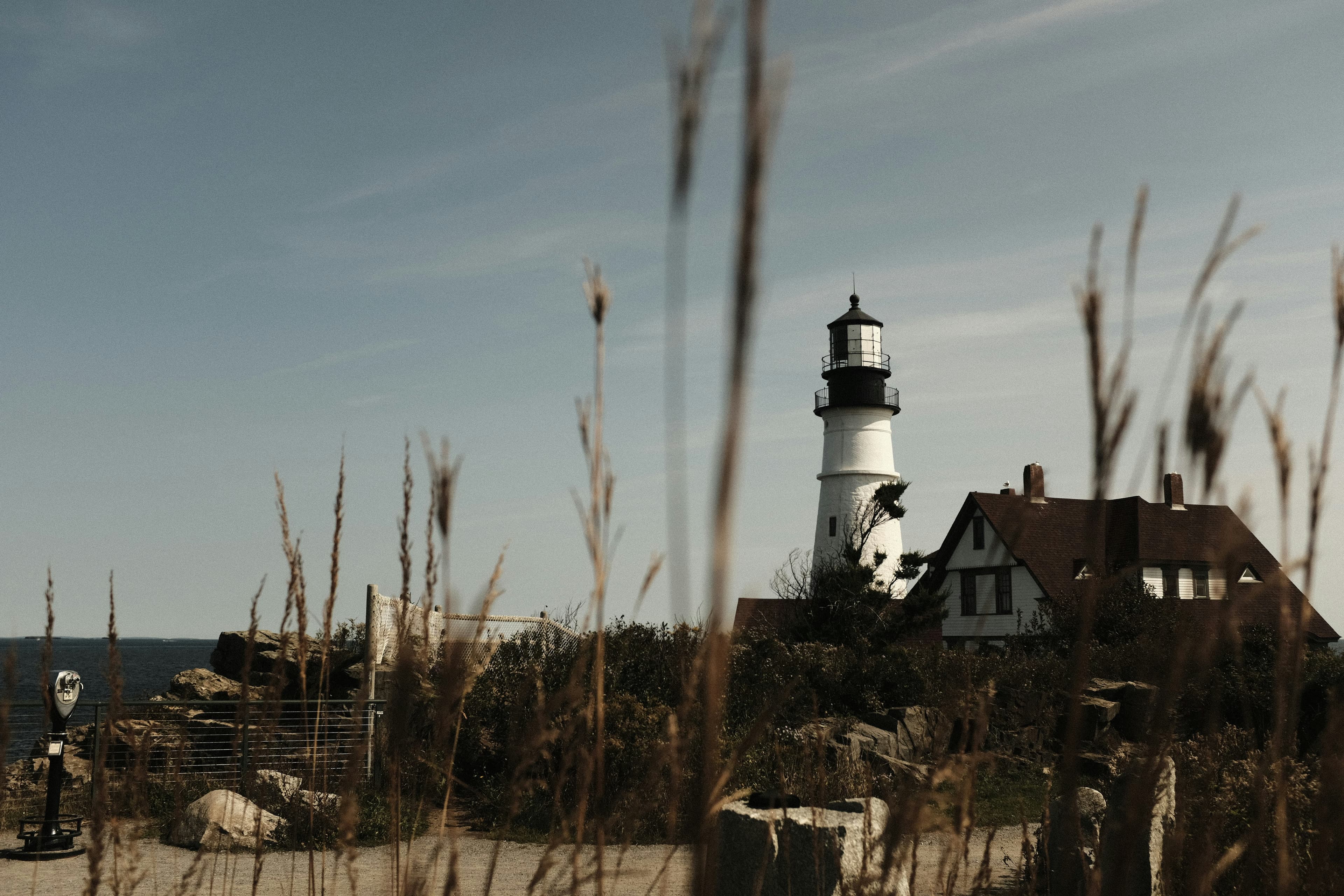 A white lighthouse with a black lantern room standing on a rocky, tree-lined ocean shore